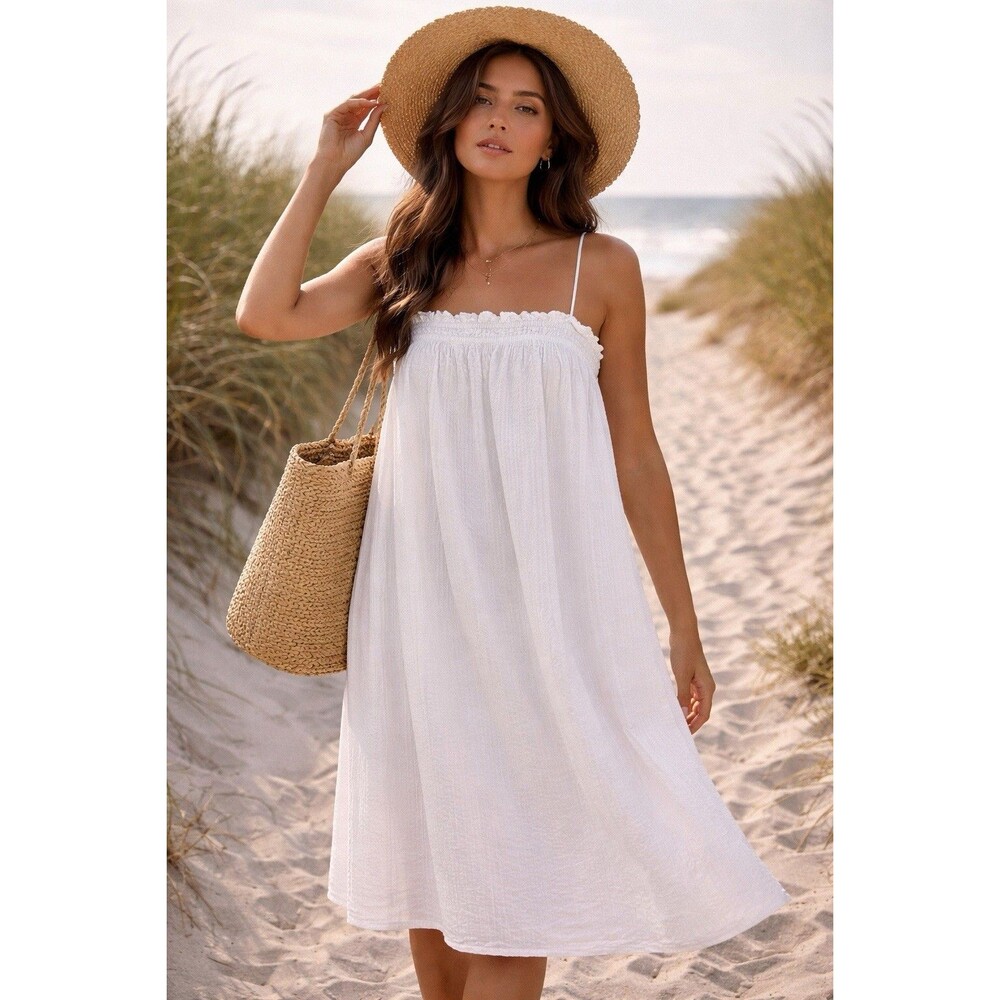 H&M White Seersucker Dress Womens Large Ruffle Trim Smocking Flowy Relaxed Beach
